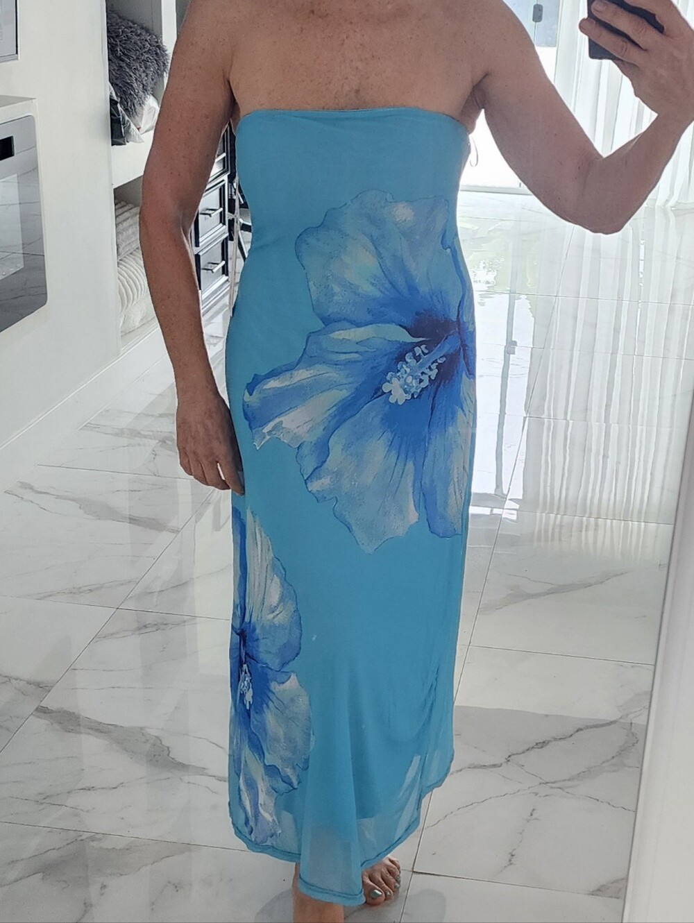 Blue Strapless Floral Maxi Dress